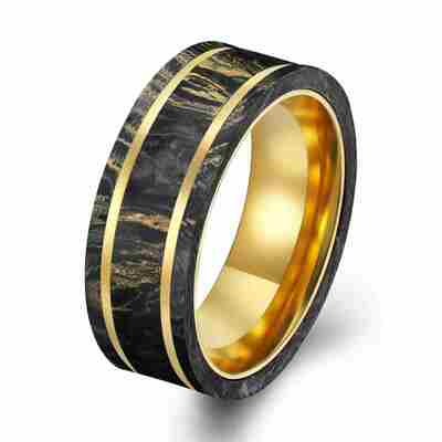 Good price Wedding Forged Carbon Fiber Jewelry 14K Gold Plated Ring With Gold Foil online