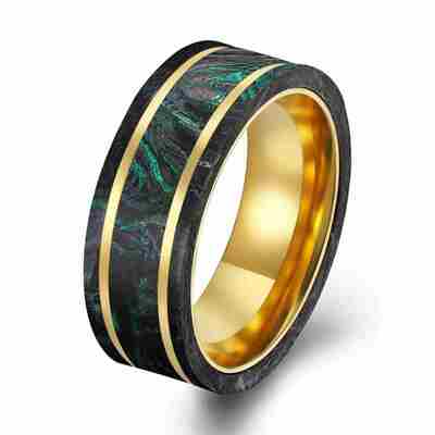 Goede prijs Op Maat Gesmede Carbon Trouwring 14K Goud Vergulde Ring Met Groene Folie online