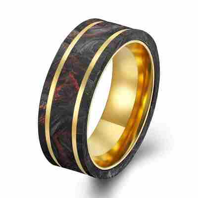 Prezzo buono Anello placcato oro giallo 14K con fibra di carbonio forgiata e lamina rossa mista in linea