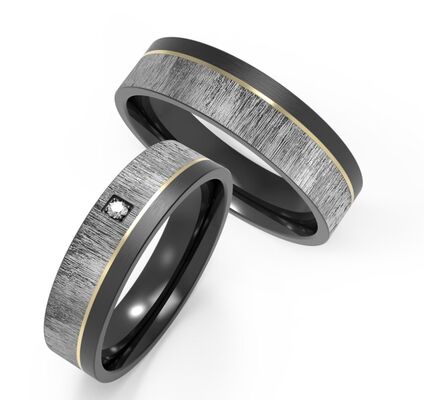 Buen precio Juego de joyas para parejas de acero inoxidable mate con anillo de circonita IP dorado y patrón de corteza en línea