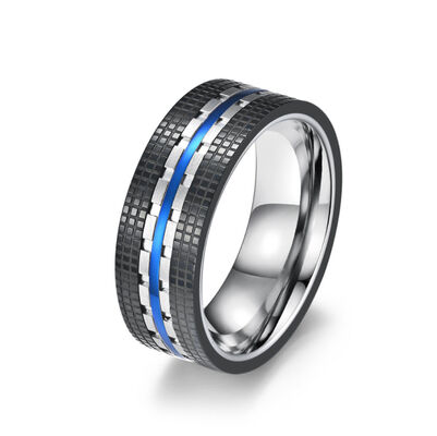 Buen precio Anillo masculino de acero inoxidable de 8 mm de ancho de cara Azul y oro rosa Anillo de joyería de moda en línea