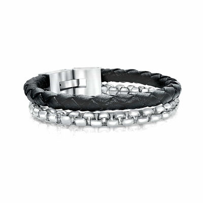 Good price Stainless Steel Men's Black Leather Rope Bracelet Diy Leather Charm Bracelet Custom online