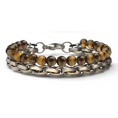 Buen precio Moda Brazalete con cuentas para hombres Acero inoxidable plateado con forma de bola de piedra de ojo de tigre en línea