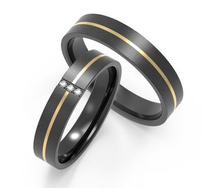 Bom preço Anel de joia de zircônio preto elegante para casal com zircônia cúbica e dois tons de ouro IP K on-line