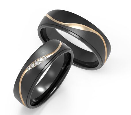 Good price Matte Damascus Steel Jewelry With K Gold Embedded Zircon Couple Ring online