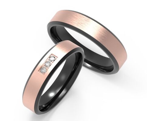 Good price Bright Damascus Steel Ring Polished Rose Gold Couple Rings With Three Diamonds online